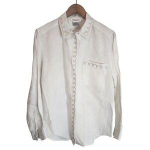 Talbots Button Up Women's 8 Irish Linen Long‎ Sleeve Embroidered White